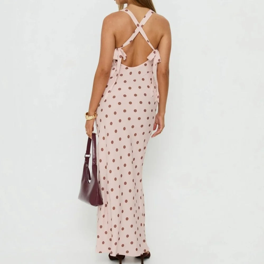Blush Pink Polka-Dot Cross-Back Maxi Dress