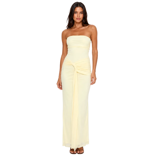 Pale Yellow Strapless Ruched Maxi Dress