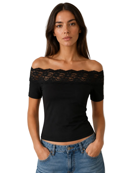 Black Lace-Trim Off-Shoulder Fitted Top