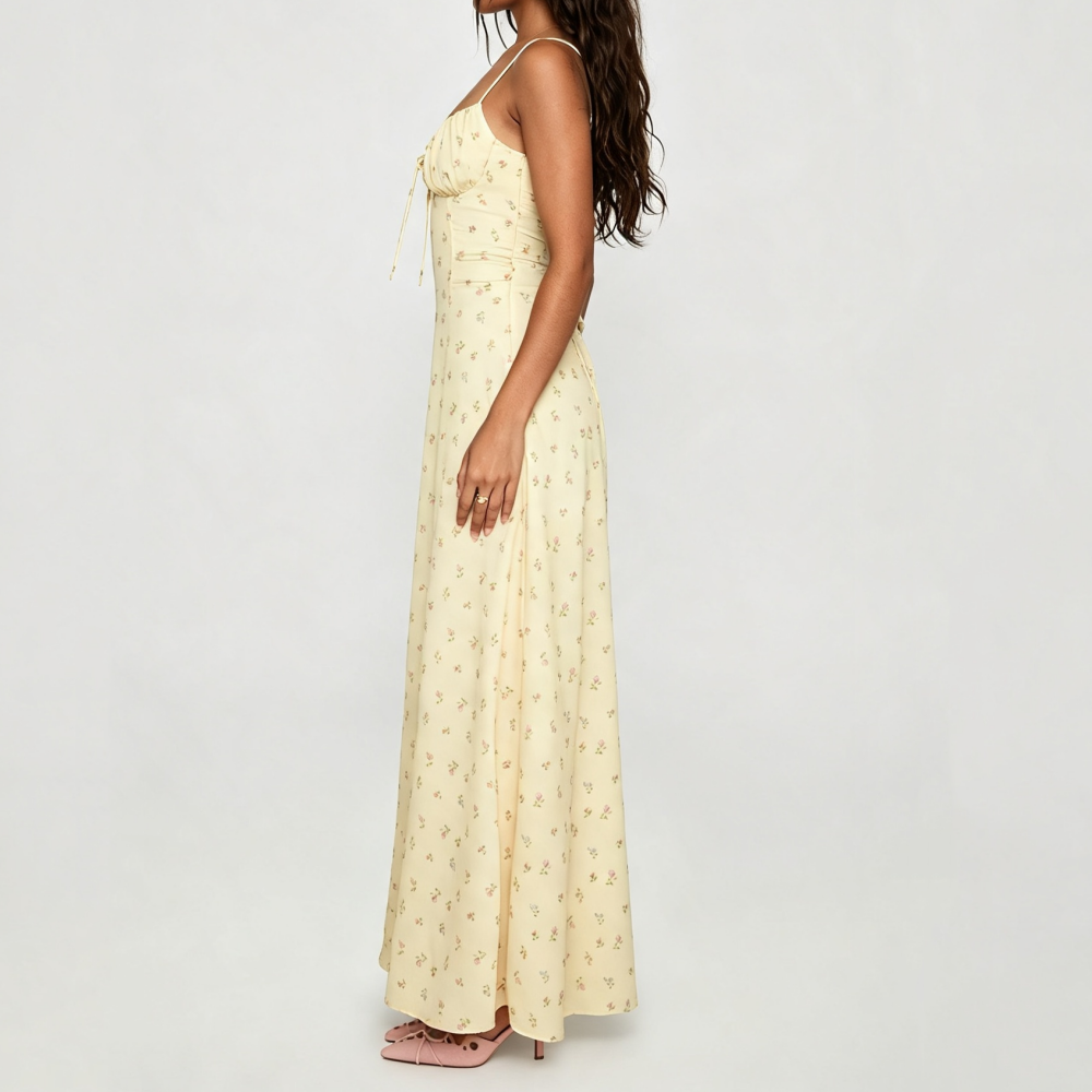 Pale Yellow Floral Corset Maxi Dress