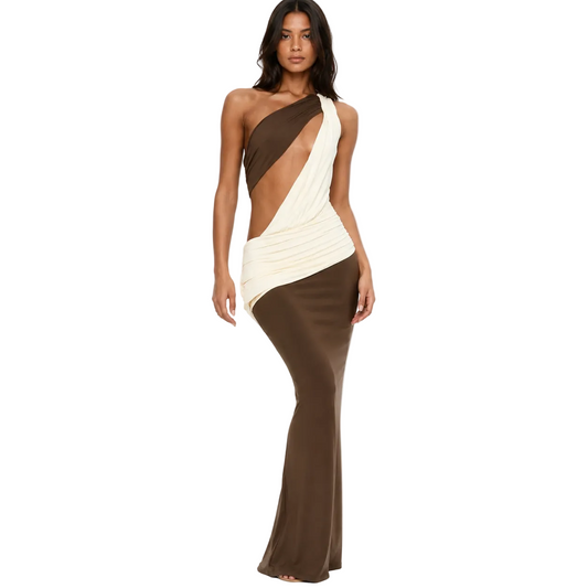Brown and Ivory Asymmetrical Cutout Maxi Dress