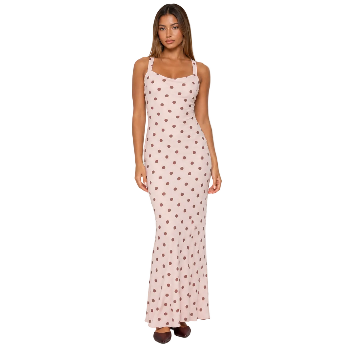 Blush Pink Polka-Dot Cross-Back Maxi Dress