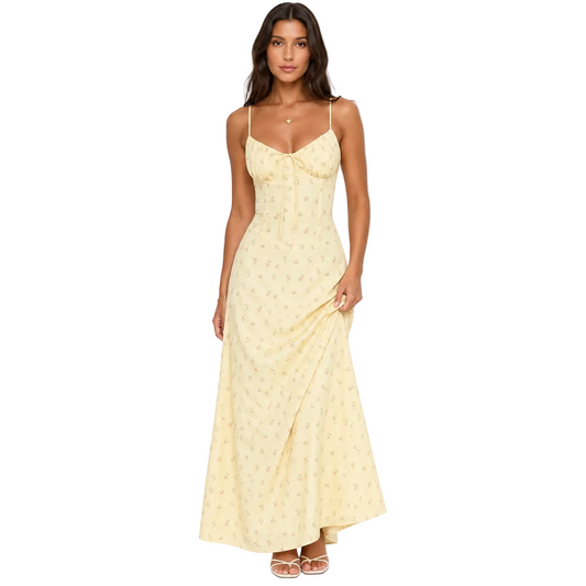 Pale Yellow Floral Corset Maxi Dress
