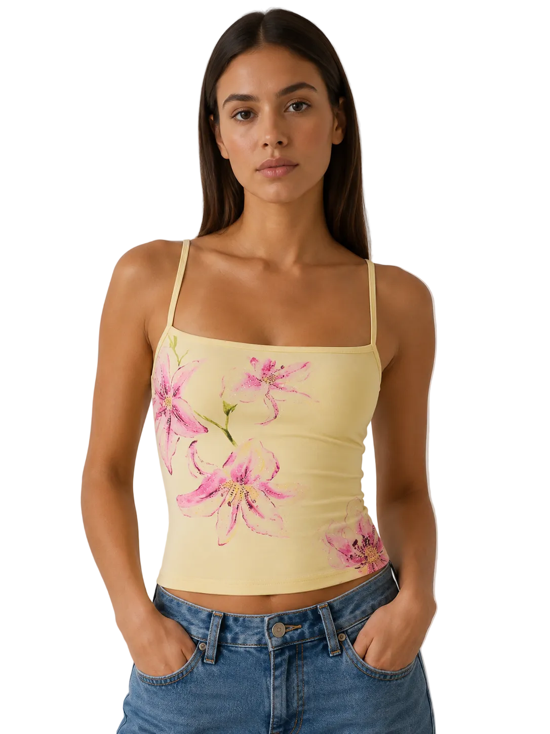 Pale Yellow Floral Square-Neck Cami Top