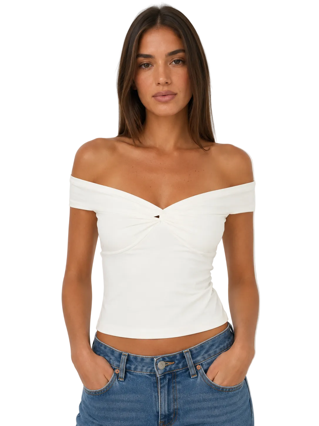 Ivory Off-Shoulder Twist-Front Fitted Top