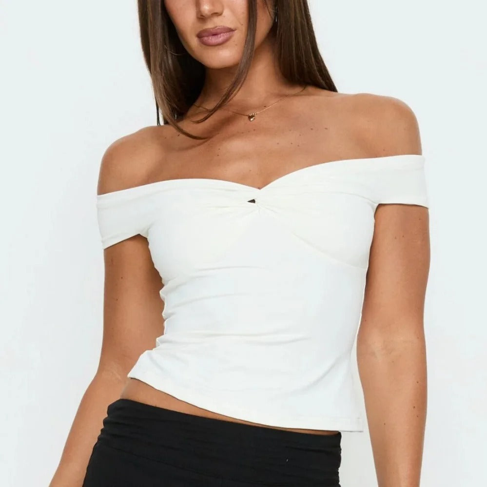 Ivory Off-Shoulder Twist-Front Fitted Top