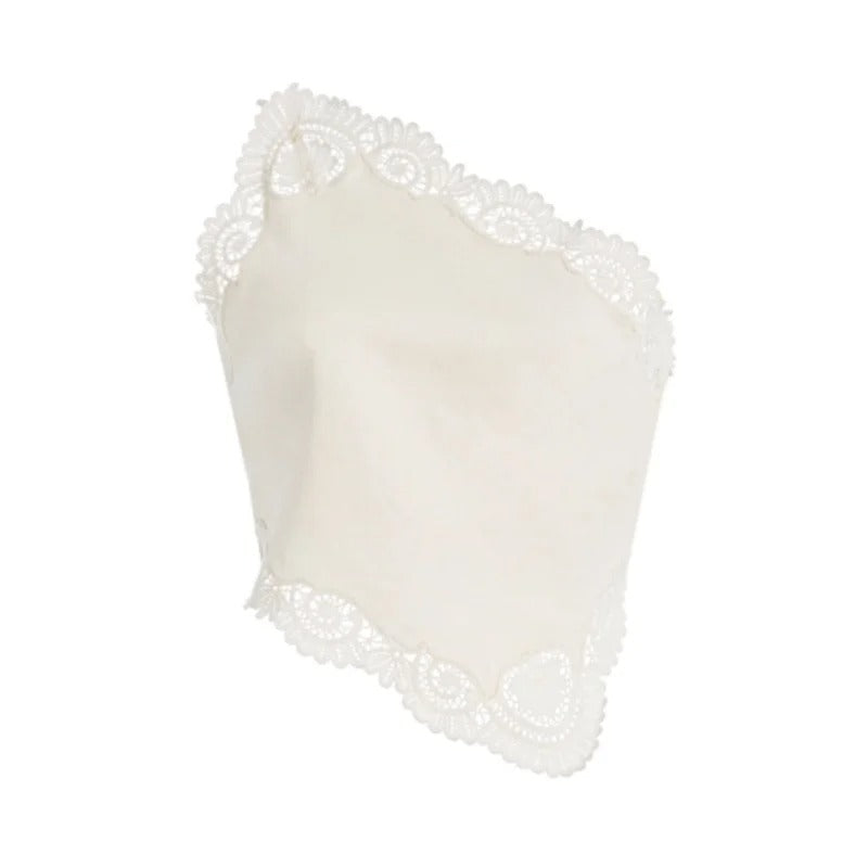 Ivory Asymmetrical Lace-Trim Tie-Back Top