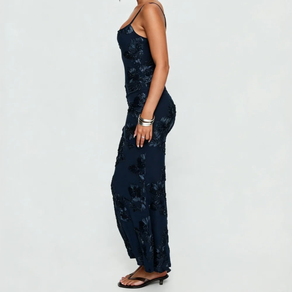 Navy Floral Textured Slip Maxi Dress