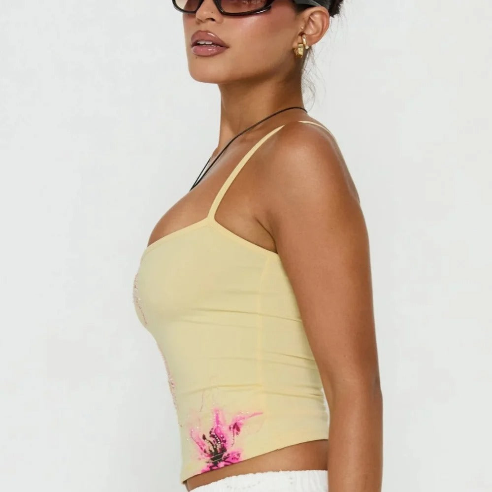 Pale Yellow Floral Square-Neck Cami Top