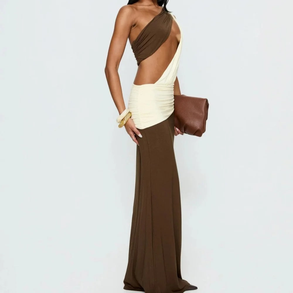 Brown and Ivory Asymmetrical Cutout Maxi Dress
