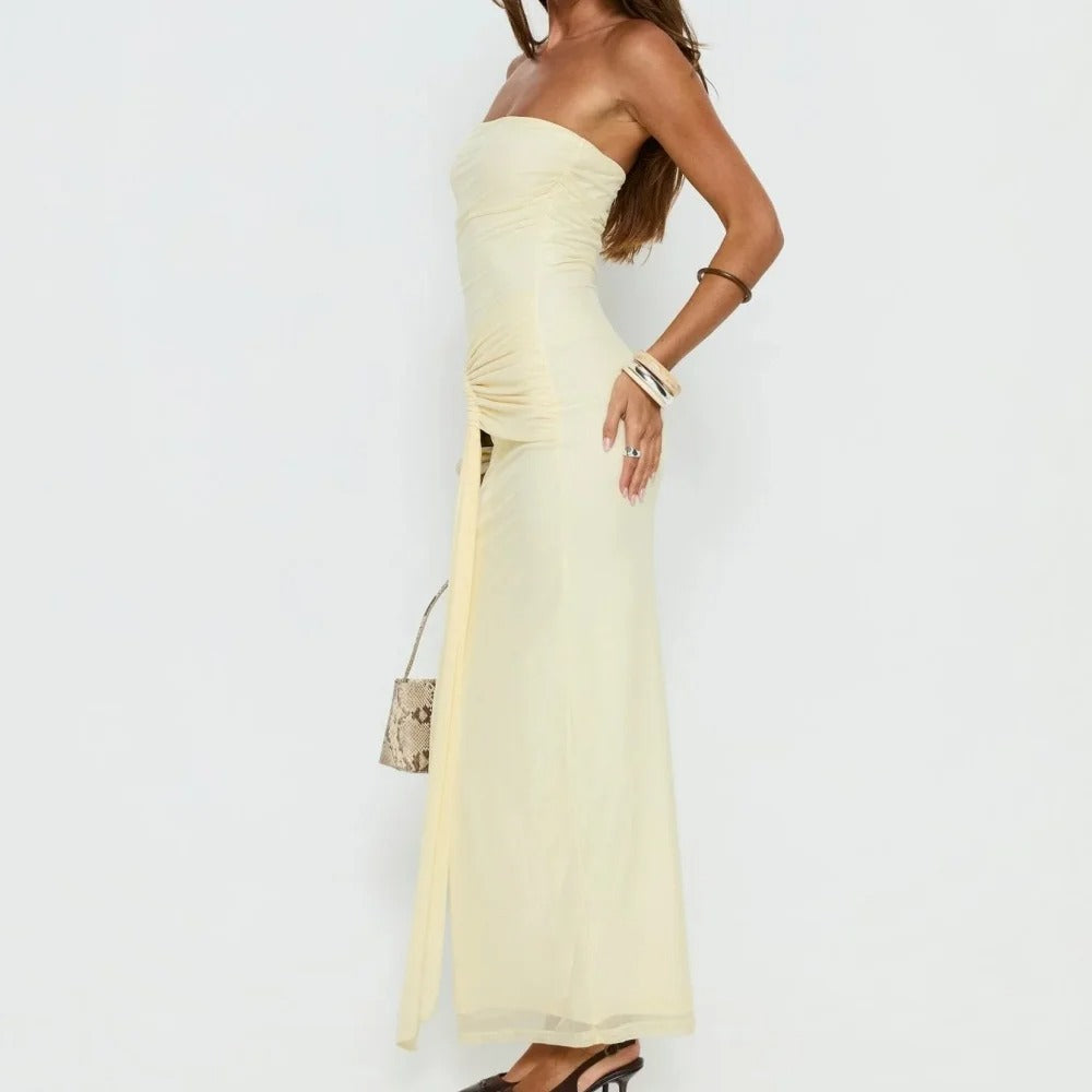Pale Yellow Strapless Ruched Maxi Dress