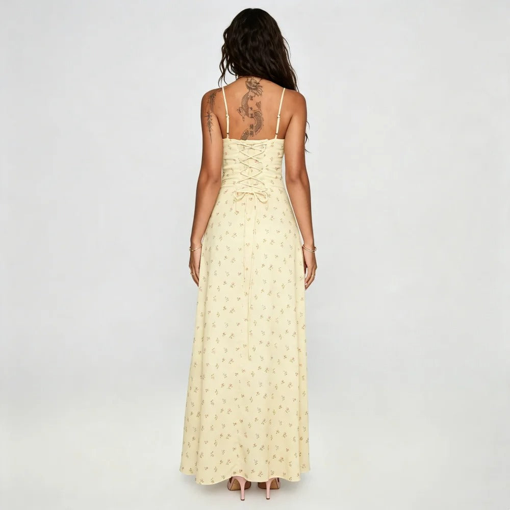 Pale Yellow Floral Corset Maxi Dress