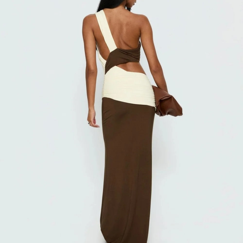 Brown and Ivory Asymmetrical Cutout Maxi Dress