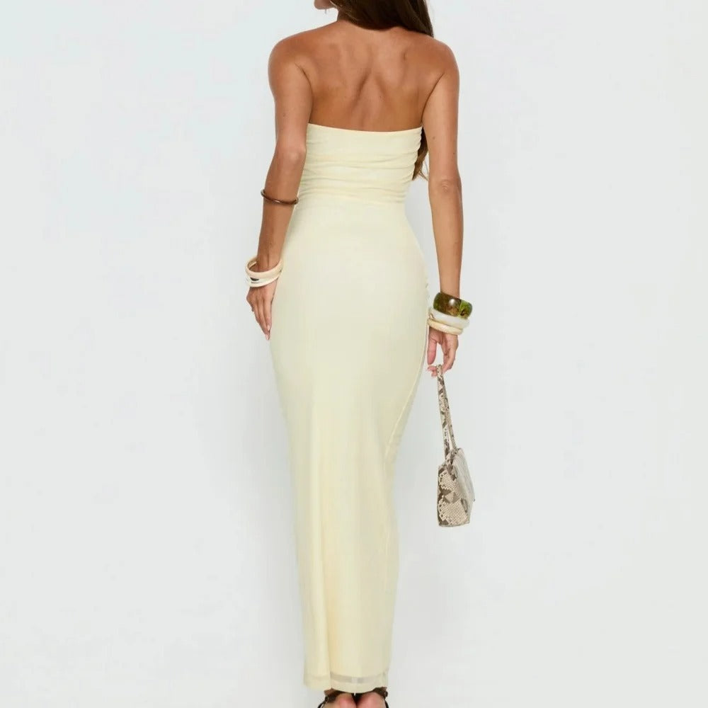 Pale Yellow Strapless Ruched Maxi Dress