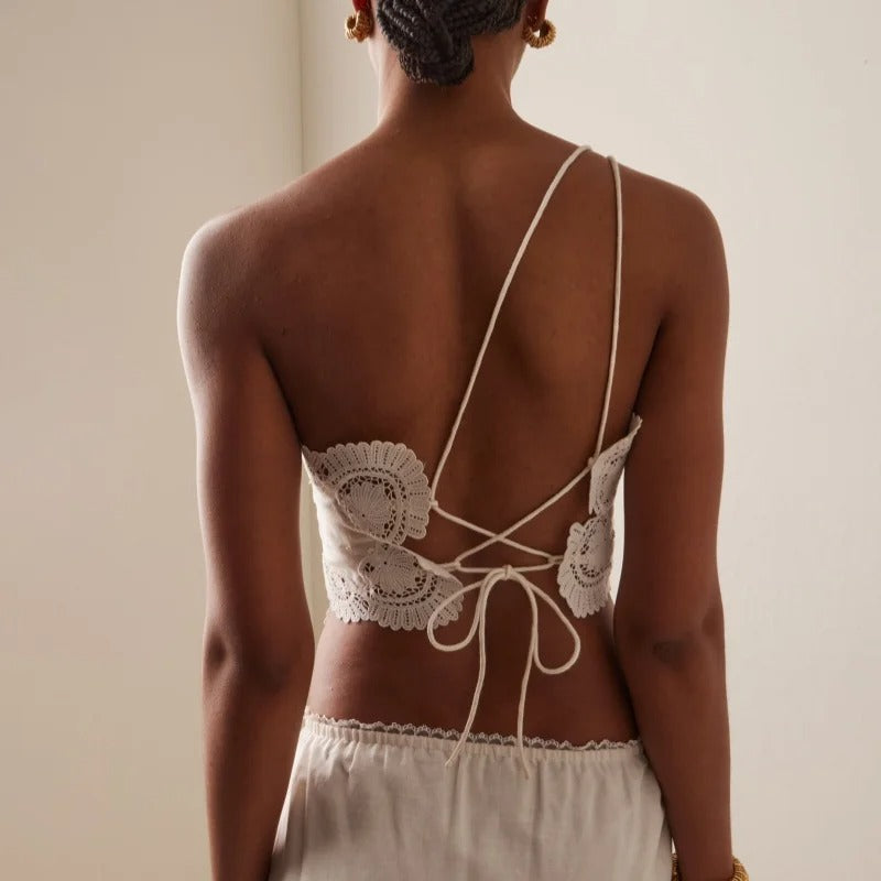 Ivory Asymmetrical Lace-Trim Tie-Back Top