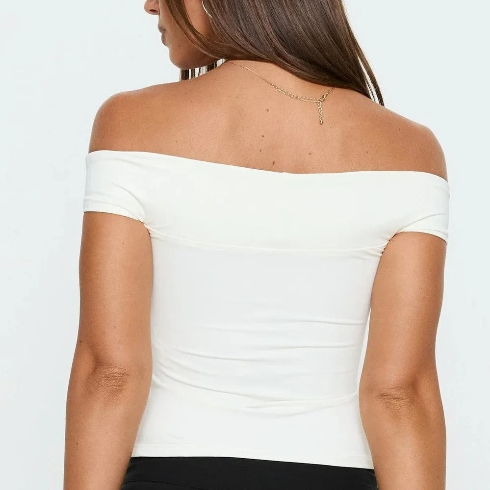 Ivory Off-Shoulder Twist-Front Fitted Top