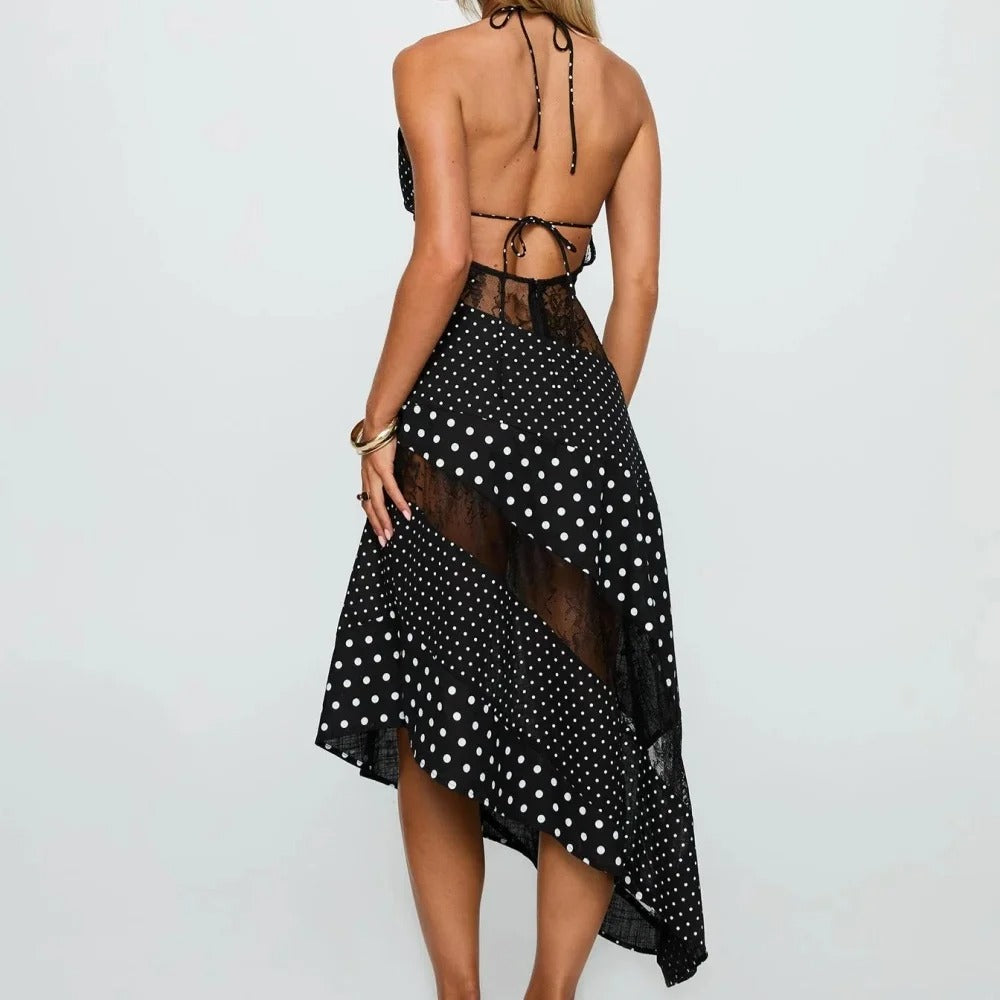 Black Polka Dot Lace-Panel Halter Midi Dress