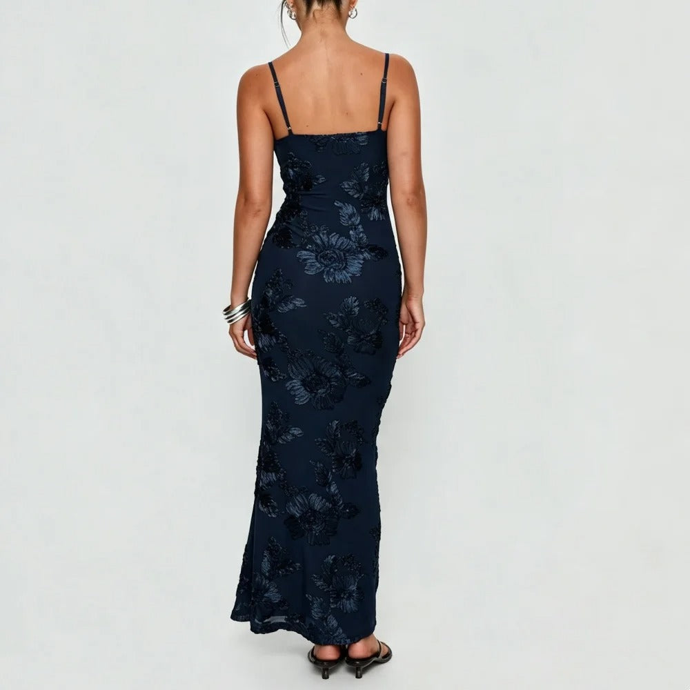Navy Floral Textured Slip Maxi Dress